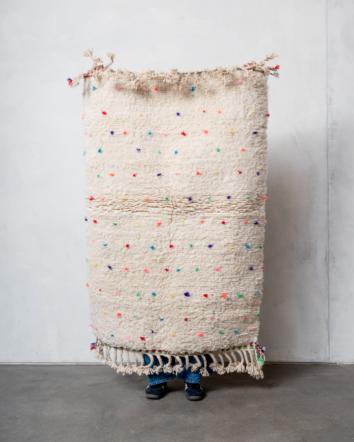 Modern, designer, handcrafted Berber rug from Morocco. Beniourain carpet with beautiful colours and patterns and fluffy wool texture.